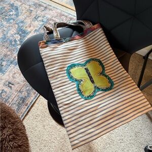 Upcycled bag Butterfly Embroidered Striped Tote Bag
